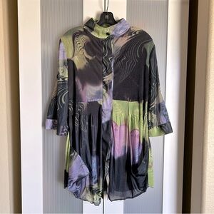 LINDI Aria Wave flowy size large blouse with mock neck and swirl artsy pattern
